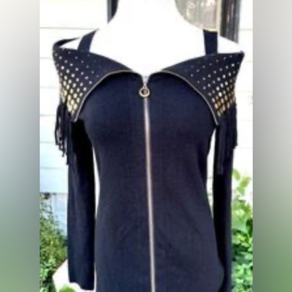 Berek (M) Black Sweater Gold Beads Shawl Collar Fill Zip